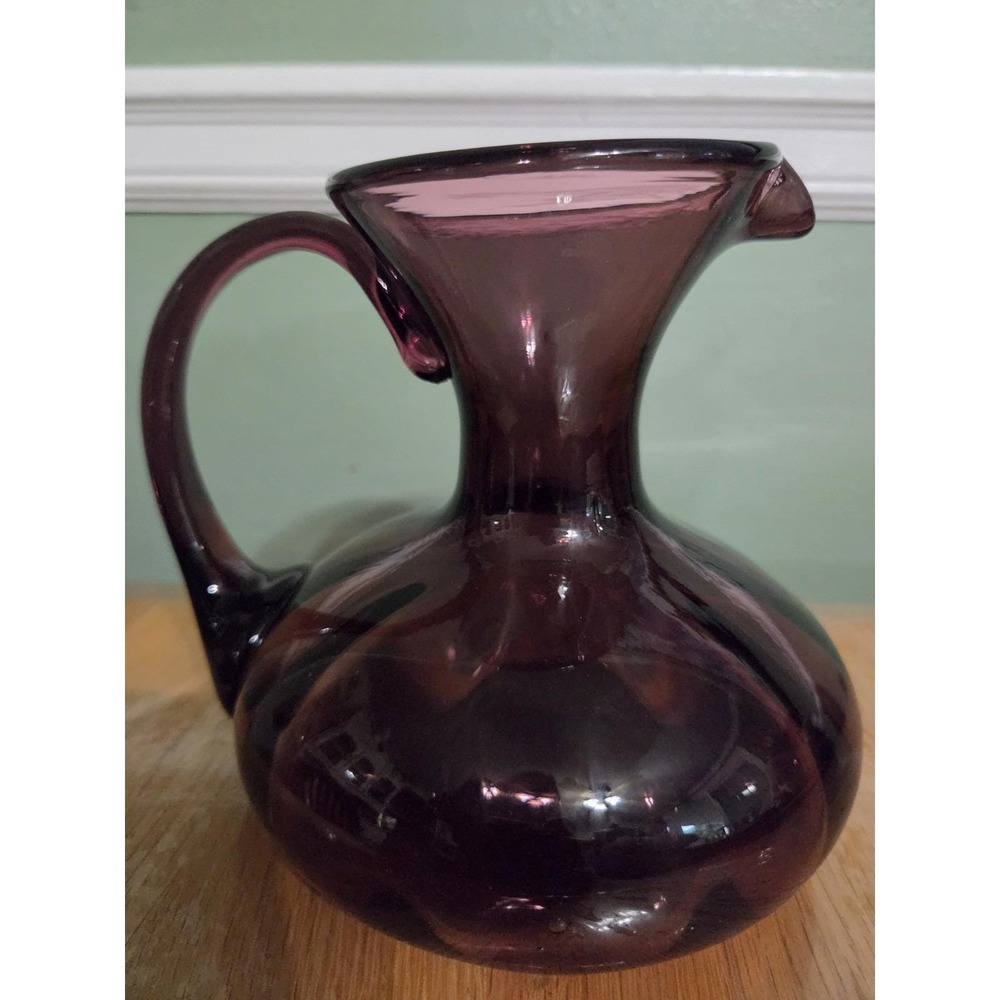 Handblown Amethyst Glass Squat Pitcher with Applied Handle 5"H